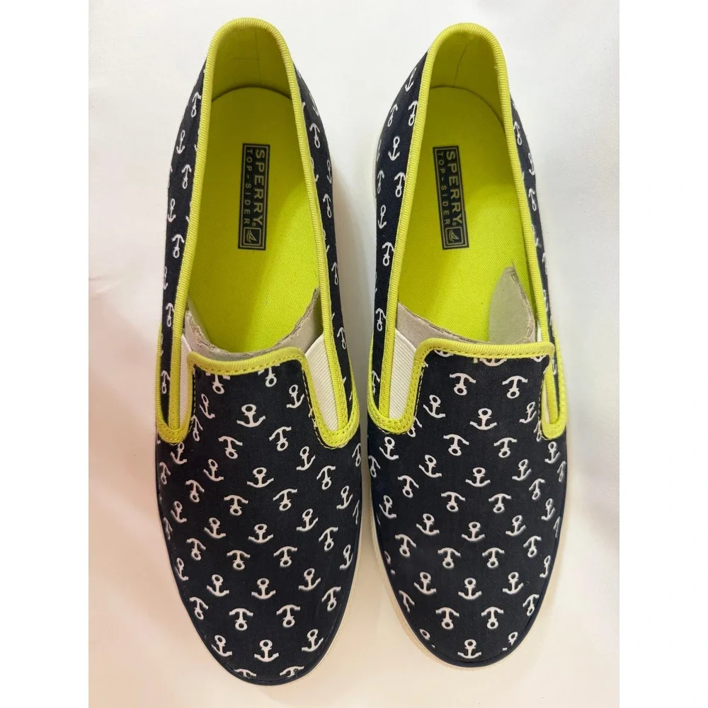 Sperry Top-Sider Mariner NWOT Womens 11M Navy Lime Anchor Slip On Sneakers